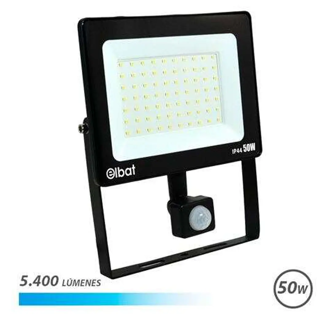 Elbat Foco LED de 50W - Potencia: 50W - Lumenes: 5400 - Sensor de Movimiento - 6.500K Luz Fria - 30.000 - 50.000 Horas de Vida - Angulo 120º - Protecc 1