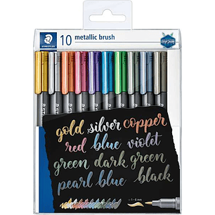 Staedtler Pack de 10 Rotuladores Permanentes - Punta Pincel - Trazo 1-6mm Aprox - Capuchon con Clip - Colores Metalicos Surtidos