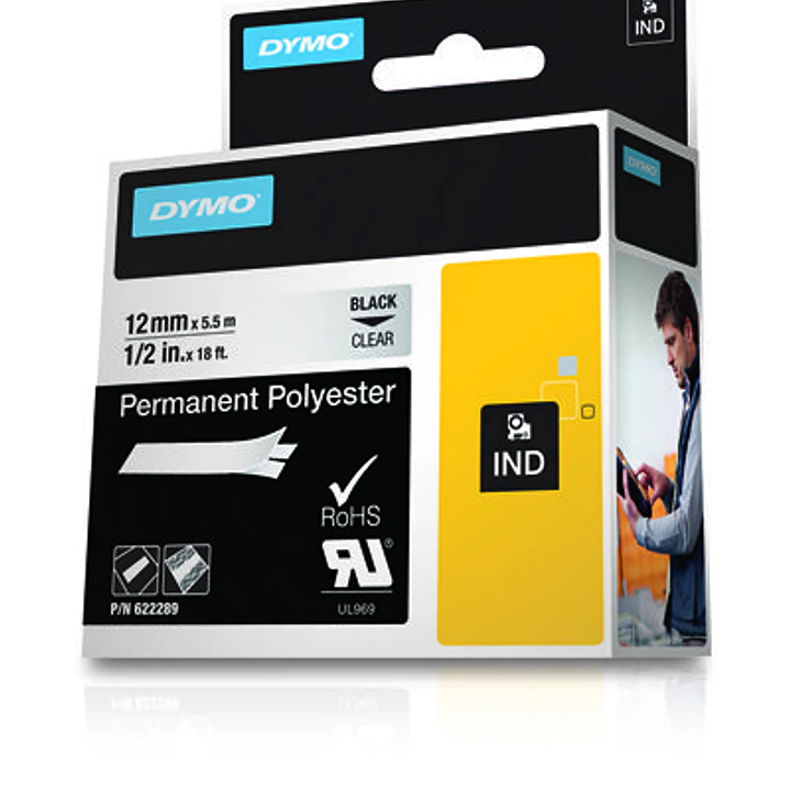 Dymo Rhino ID1-12 Cinta de Etiquetas Original para Rotuladora - Texto Negro sobre Fondo Transparente - Ancho 12mm x 5.5 metros - 622289 1