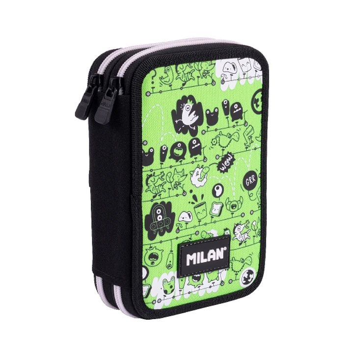 Milan Tandem 2 Plumier de 2 Pisos con Regla - Sacapuntas - Gomas de Borrar - Lapices de Grafito y de Colores - Rotuladores - Boligrafo Azul - 19.5x13x 1