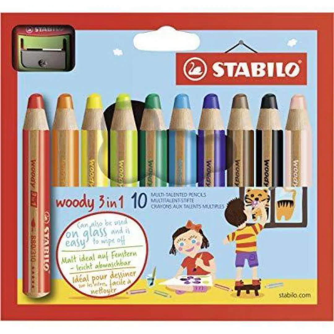 Stabilo Woody 3 en 1 Pack de 10 Lapices de Colores + Sacapuntas - Lapiz de Color, Cera y Acuarela, Todo en Uno - Mina XXL 10mm - Colores Surtidos 1