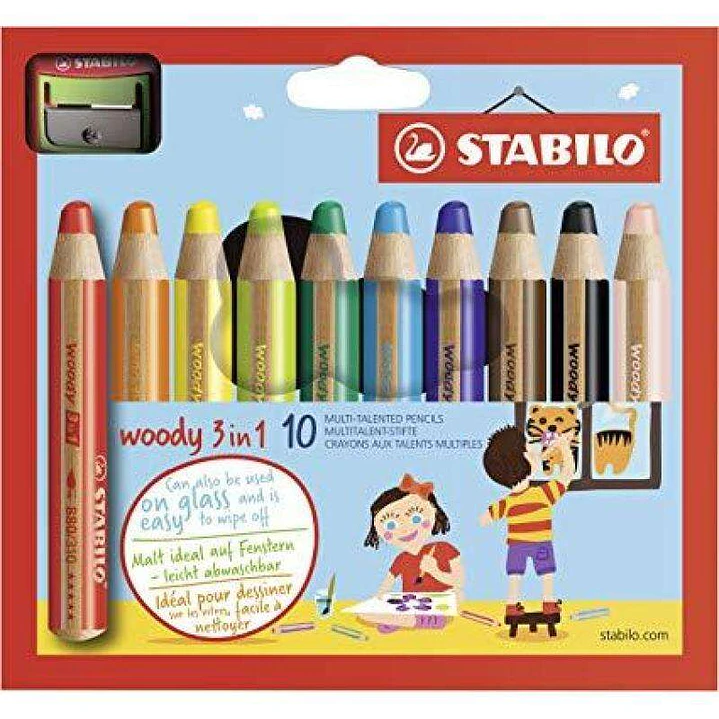 Stabilo Woody 3 en 1 Pack de 10 Lapices de Colores + Sacapuntas - Lapiz de Color, Cera y Acuarela, Todo en Uno - Mina XXL 10mm - Colores Surtidos 1