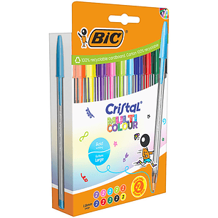Bic Cristal Multicolour Pack de 20 Boligrafos de Bola - Punta 1.6mm - Trazo 0.42mm - Tinta con Base de Aceite - Colores Surtidos
