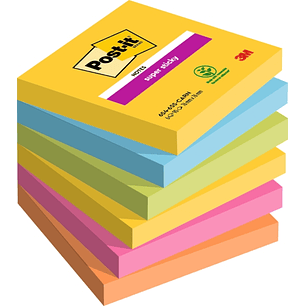 Post-It Super Sticky Pack de 6 Blocs de 90 Notas Adhesivas Reposicionables - Forma Cuadrada - 76x76mm - Colores Surtidos