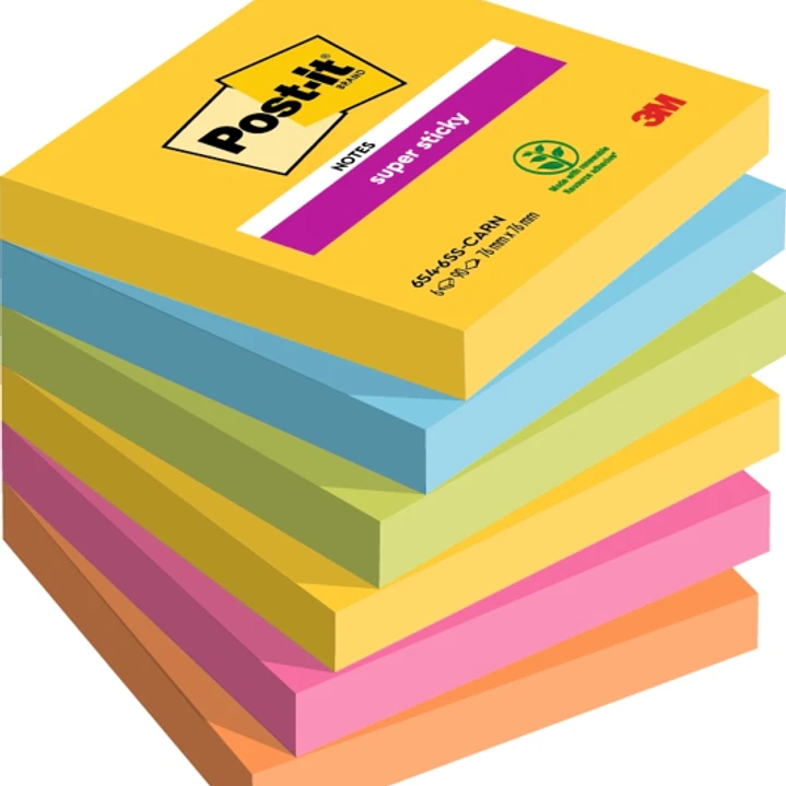 Post-It Super Sticky Pack de 6 Blocs de 90 Notas Adhesivas Reposicionables - Forma Cuadrada - 76x76mm - Colores Surtidos 1