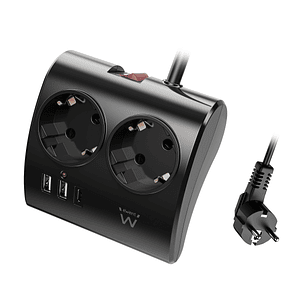 Ewent Regleta de 5 Tomas de Sobremesa - 2x Schuko 16A - 2x USB-A - 1x USB-C - Interruptor On/Off - Cable de 1.5m - Color Negro