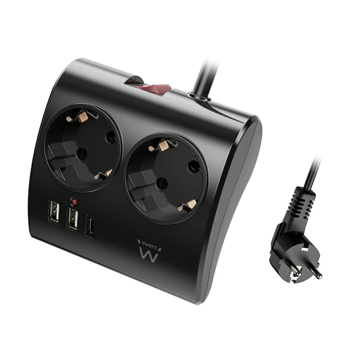Ewent Regleta de 5 Tomas de Sobremesa - 2x Schuko 16A - 2x USB-A - 1x USB-C - Interruptor On/Off - Cable de 1.5m - Color Negro 1