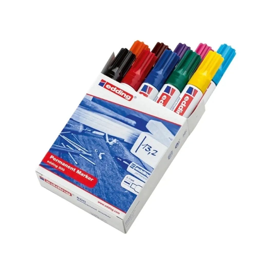 Edding 500 Pack de 10 Rotuladores Permanentes - Punta Biselada - Trazo entre 2 y 7mm - Recargable - Secado Instantaneo - Colores Surtidos 1