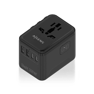 Aisens Adaptador de Viaje Universal GaN 35W - 2xUSB-A QC3.0, 2xUSB-C PD3.0 - Color Negro