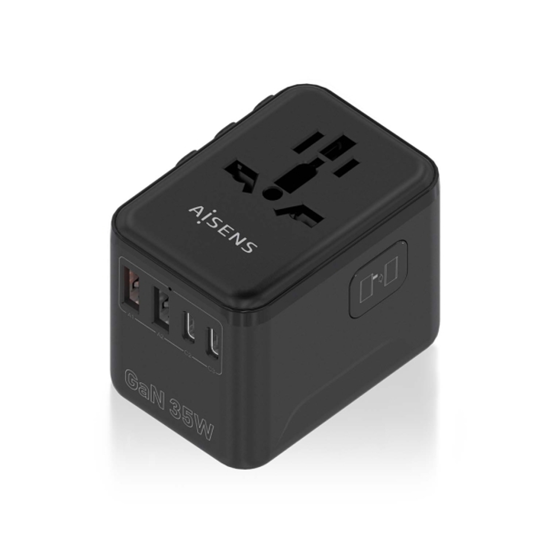Aisens Adaptador de Viaje Universal GaN 35W - 2xUSB-A QC3.0, 2xUSB-C PD3.0 - Color Negro 1