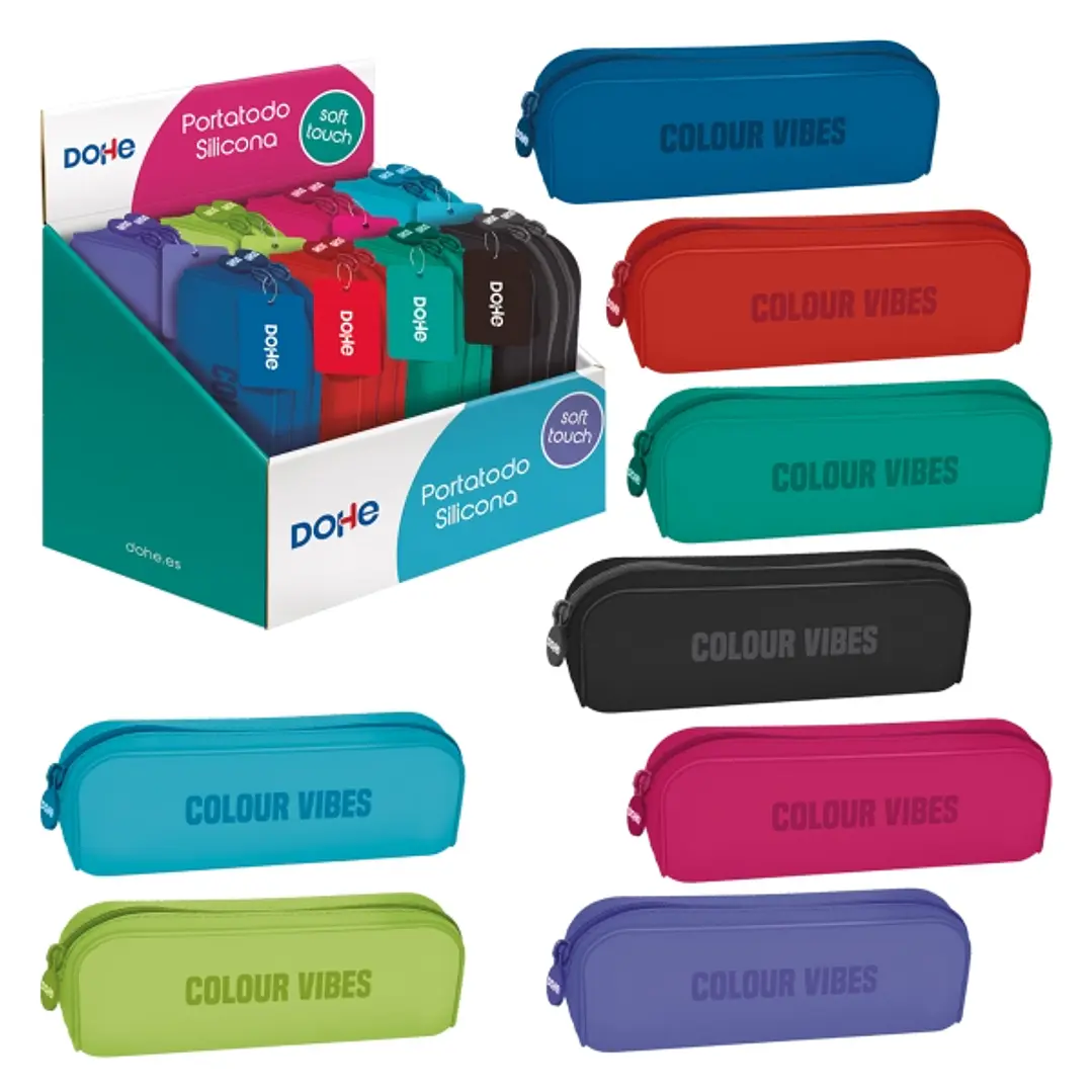Dohe Colour Vibes Expositor con 8 Portatodos Simples de Silicona - Cierre con Cremallera y Tirador de Goma - Colores Surtidos 1