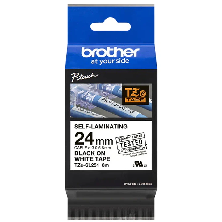 Brother TZeSL251 Cinta Autolaminada Original - Texto Negro sobre Fondo Blanco - Ancho 24mm x 8 metros 1