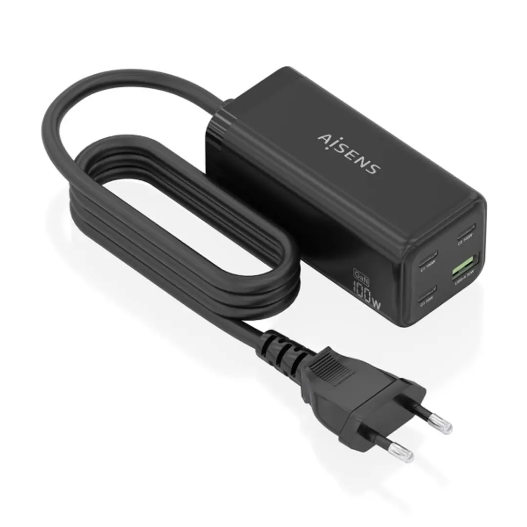 Aisens Cargador GAN 100W - 3xUSB-C PD3.0, QC4.0, QC5.0 - 1xUSB-A QC3.0 - Cable 1.4 Metros - Color Negro 1