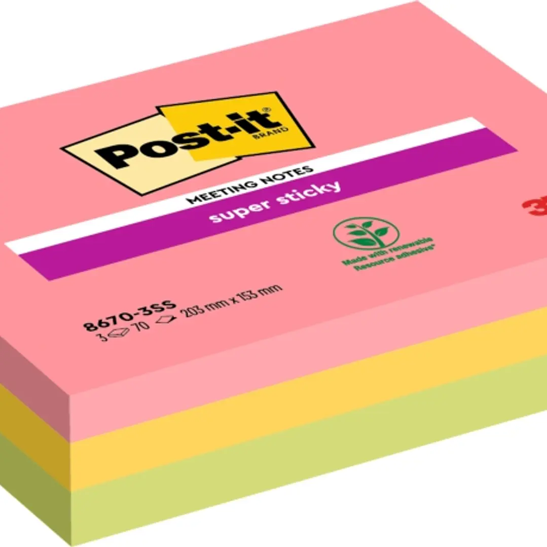 Post-It Super Sticky Pack de 3 Blocs de 70 Notas para Reuniones Adhesivas Reposicionables - 203x153mm - Colores Surtidos 1