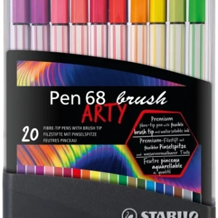 Stabilo Pen 68 Brush Arty Caja de Plastico Rigida con 30 Rotuladores - Punta de Pincel - Tinta a Base de Agua - Colores Surtidos 1