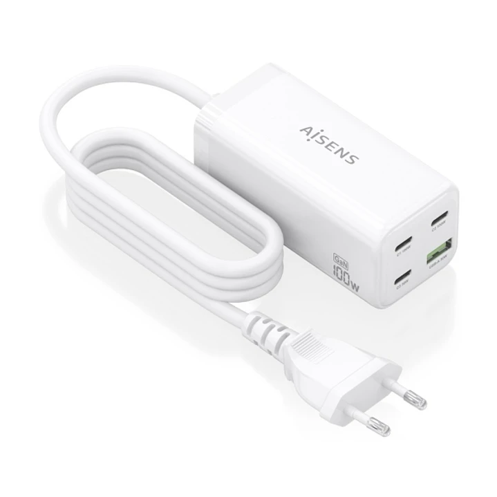Aisens Cargador GAN 100W - 3xUSB-C PD3.0, QC4.0, QC5.0 - 1xUSB-A QC3.0 - Cable 1.4 Metros - Color Blanco 1