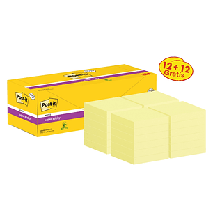 Post-It Super Sticky Pack de 24 Blocs de 90 Notas Adhesivas Reposicionables - 76x76mm - Promocion 12 Blocs + 12 Gratis - Color Amarillo Claro