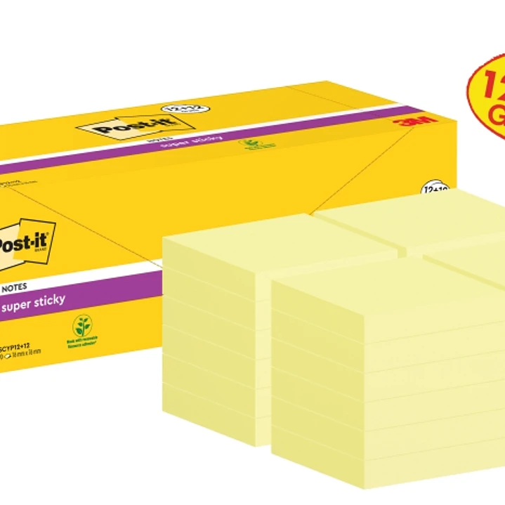 Post-It Super Sticky Pack de 24 Blocs de 90 Notas Adhesivas Reposicionables - 76x76mm - Promocion 12 Blocs + 12 Gratis - Color Amarillo Claro 1
