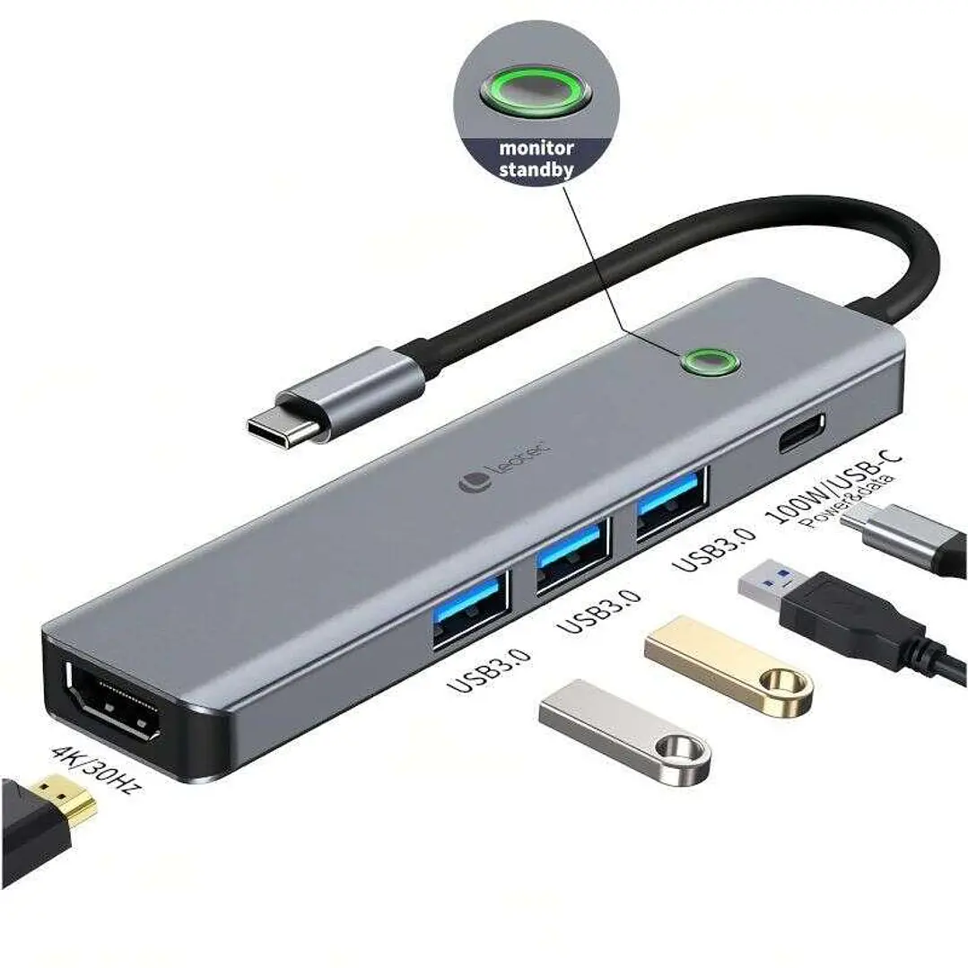 Leotec Adaptador 5 en 1 USB-C a 1xHDMI, 3xUSB-A 3.0,  1xPD 100W+USB-C - Color Gris 1