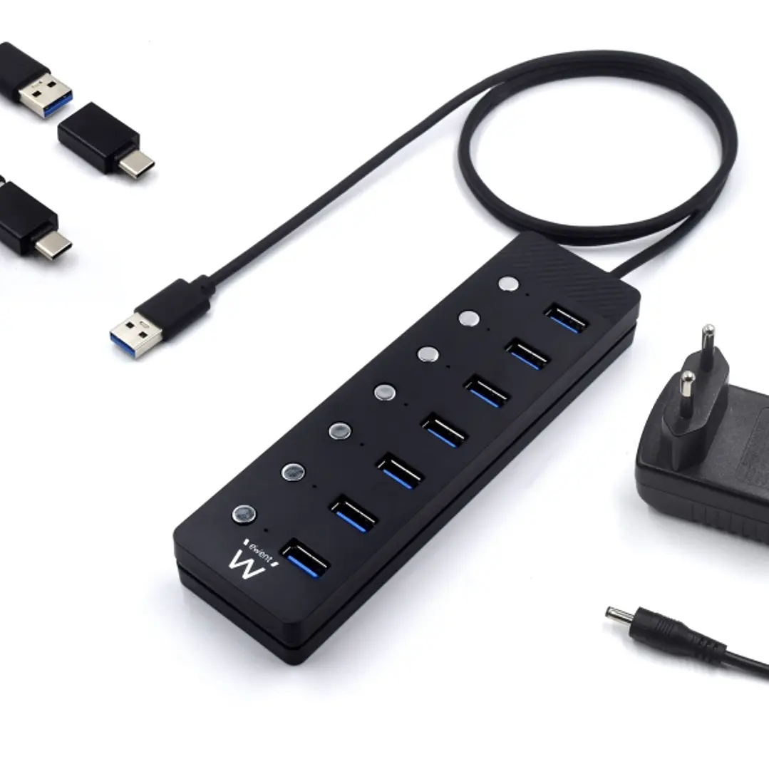 Ewent Hub USB 7 en 1 - Alimentacion Externa - Interruptores Individuales - Incluye Adaptador USB-C - Cable de 1.2m - Color Negro 1