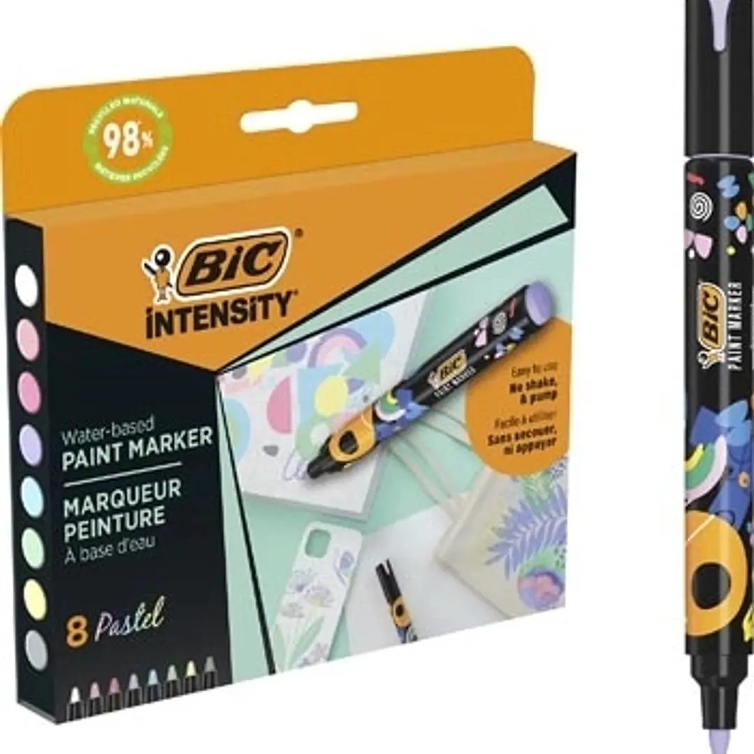 Bic Intensity Pack de 8 Marcadores de Pintura - Punta Media - Tinta con Base de Agua - 98% de Materiales Reciclados - Colores Pastel Surtidos 1