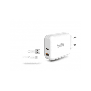 Urban Factory Powee Cargador de Pared USB-C de 45W y USB-A de 18W - Cable USB-A a USB-C de 1m - Color Blanco