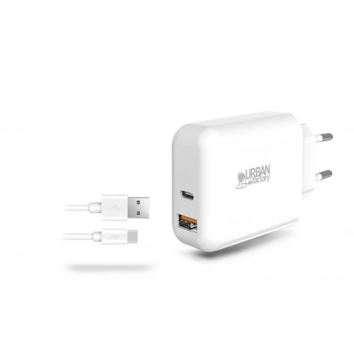 Urban Factory Powee Cargador de Pared USB-C de 45W y USB-A de 18W - Cable USB-A a USB-C de 1m - Color Blanco 1