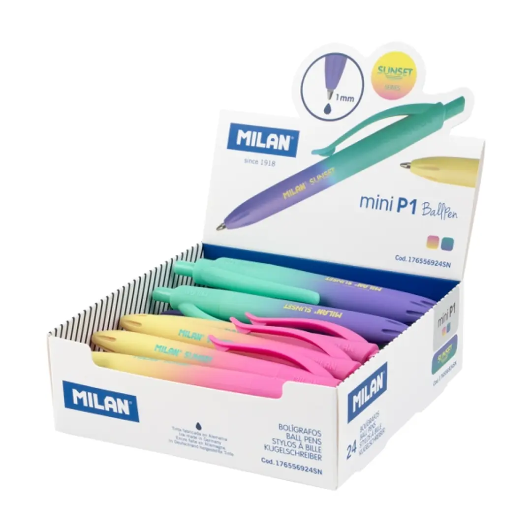 Milan Mini P1 Sunset Expositor con 24 Boligrafos de Bola Retractiles - Punta Redonda 1mm - Tinta Azul - Colores Surtidos 1