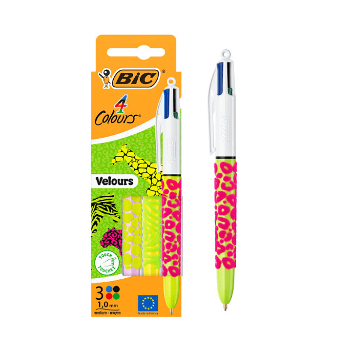 Bic 4 Colours Velours Pack con 3 Boligrafo de Bola Retractil - Punta Media de 1.0mm - Tinta con Base de Aceite - Cuerpo con Relieve Suave al Tacto - 4 1