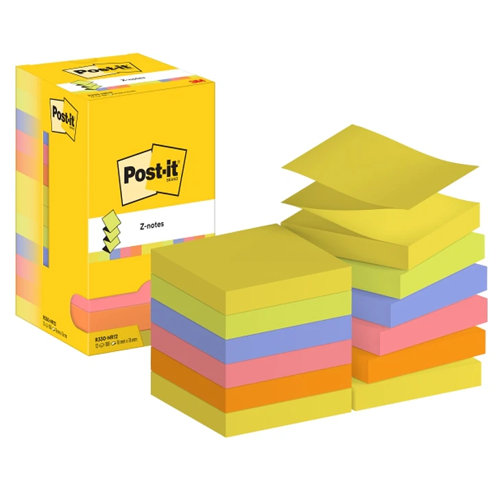 Post-It Pack de 12 Blocs de 100 Z-Notas Adhesivas Reposicionables - Forma Cuadrada - 76x76mm - Colores Surtidos 1