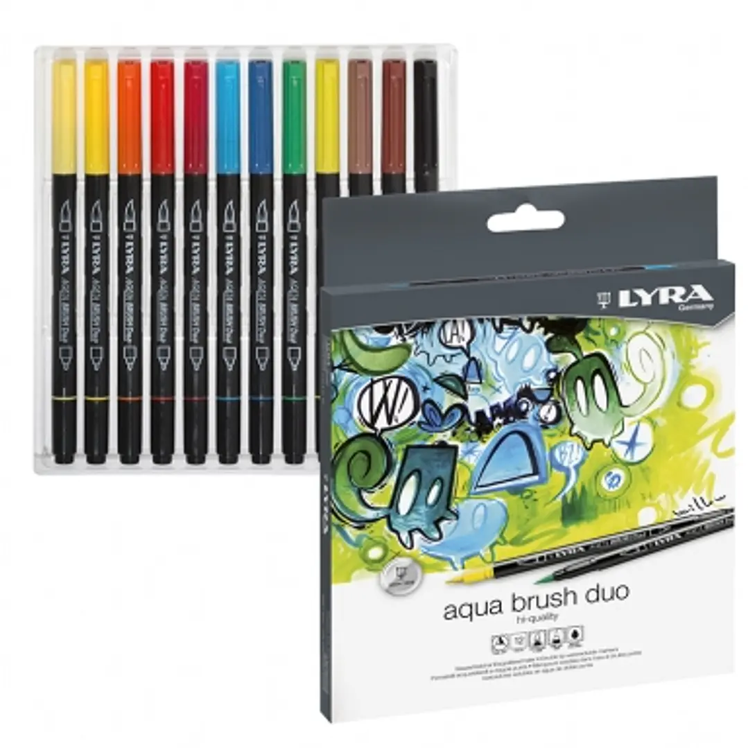 Lyra Aqua Brush Duo Pack 12 Rotuladores de Doble Punta - Punta Pincel 4mm, Punta Fina 2mm - Tinta Base de Agua - Colores Surtidos 1