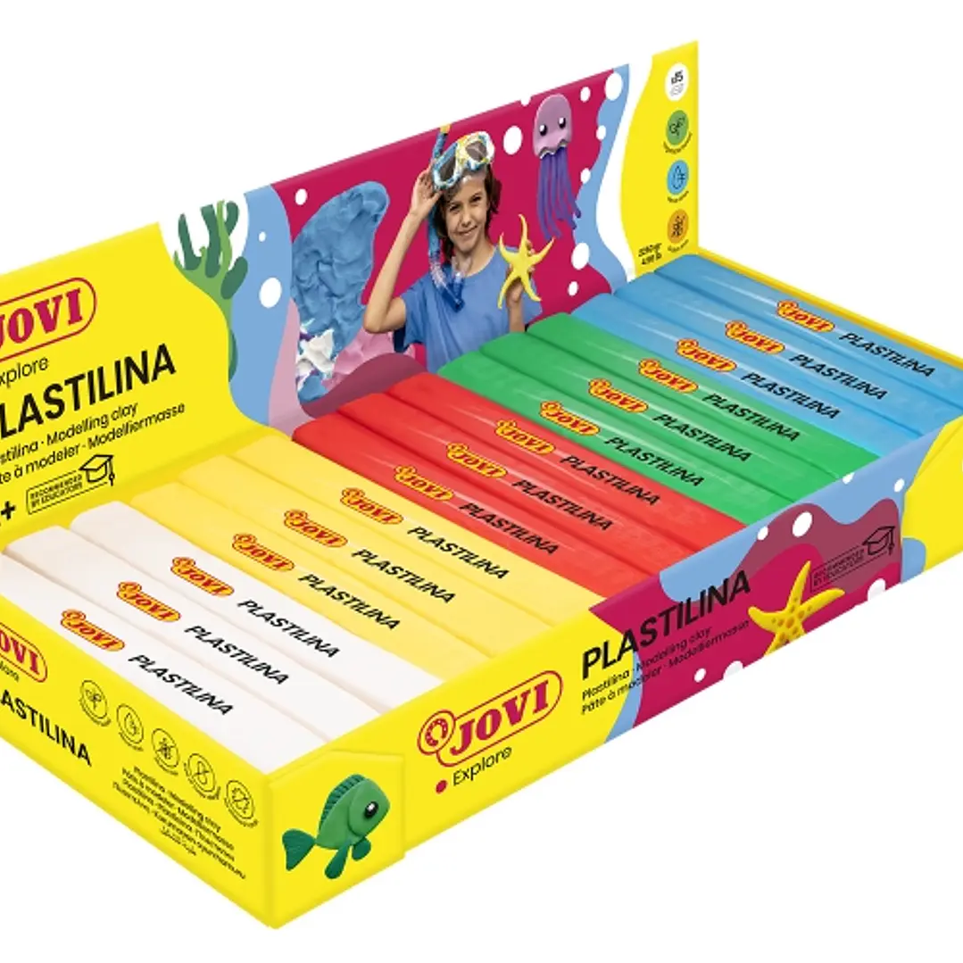 Jovi Expositor de 15 Pastillas de Plastilina 150gr - Colores Basicos - 100% Vegetal - Muy Moldeable - No Se Seca - Colores Mezclables - Color Surtido 1