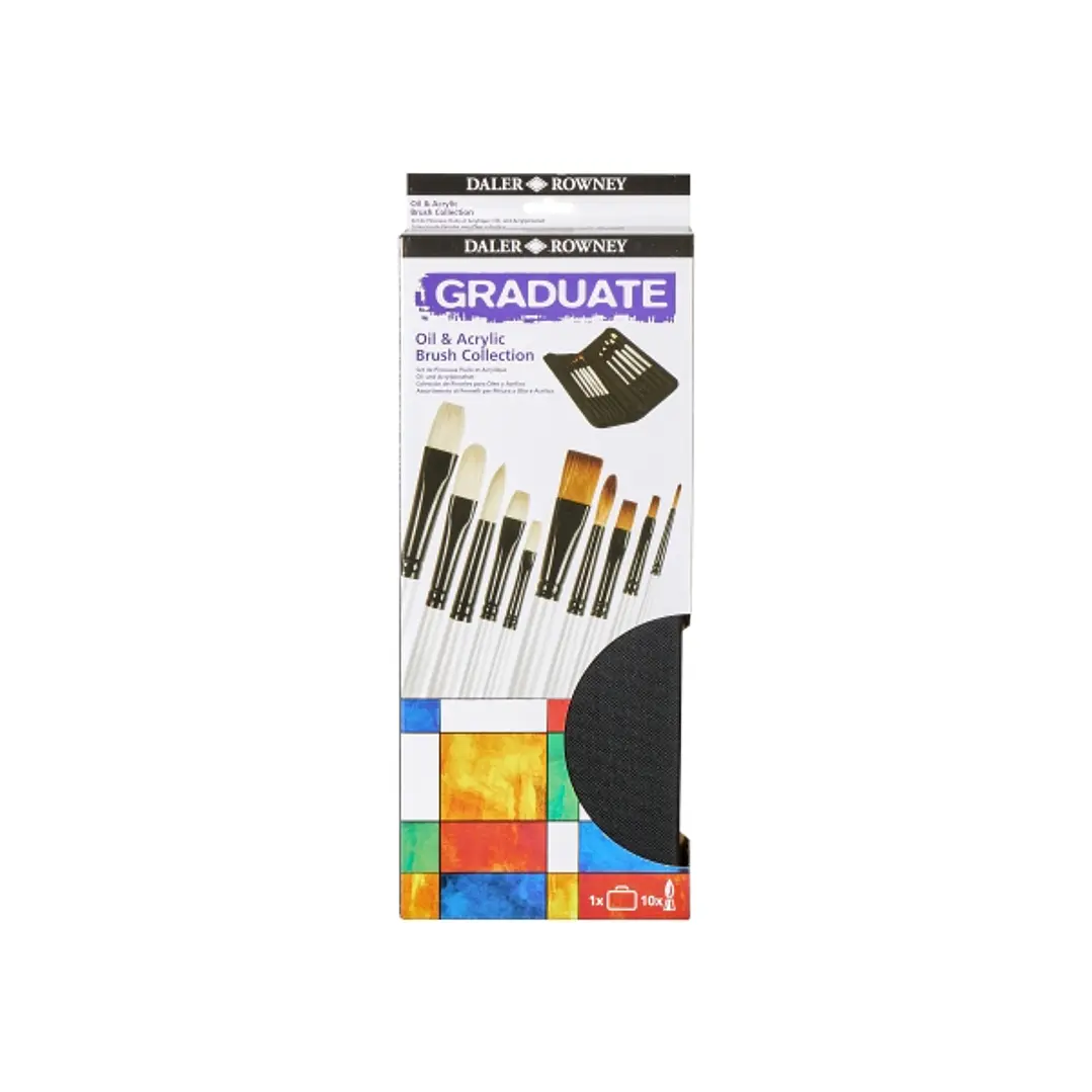 Daler Rowney Graduate Pack de 10 Pinceles Multitecnica - Pelo de Cerda y Pelo Sintetico - Mango Largo - Estuche con Cremallera 1