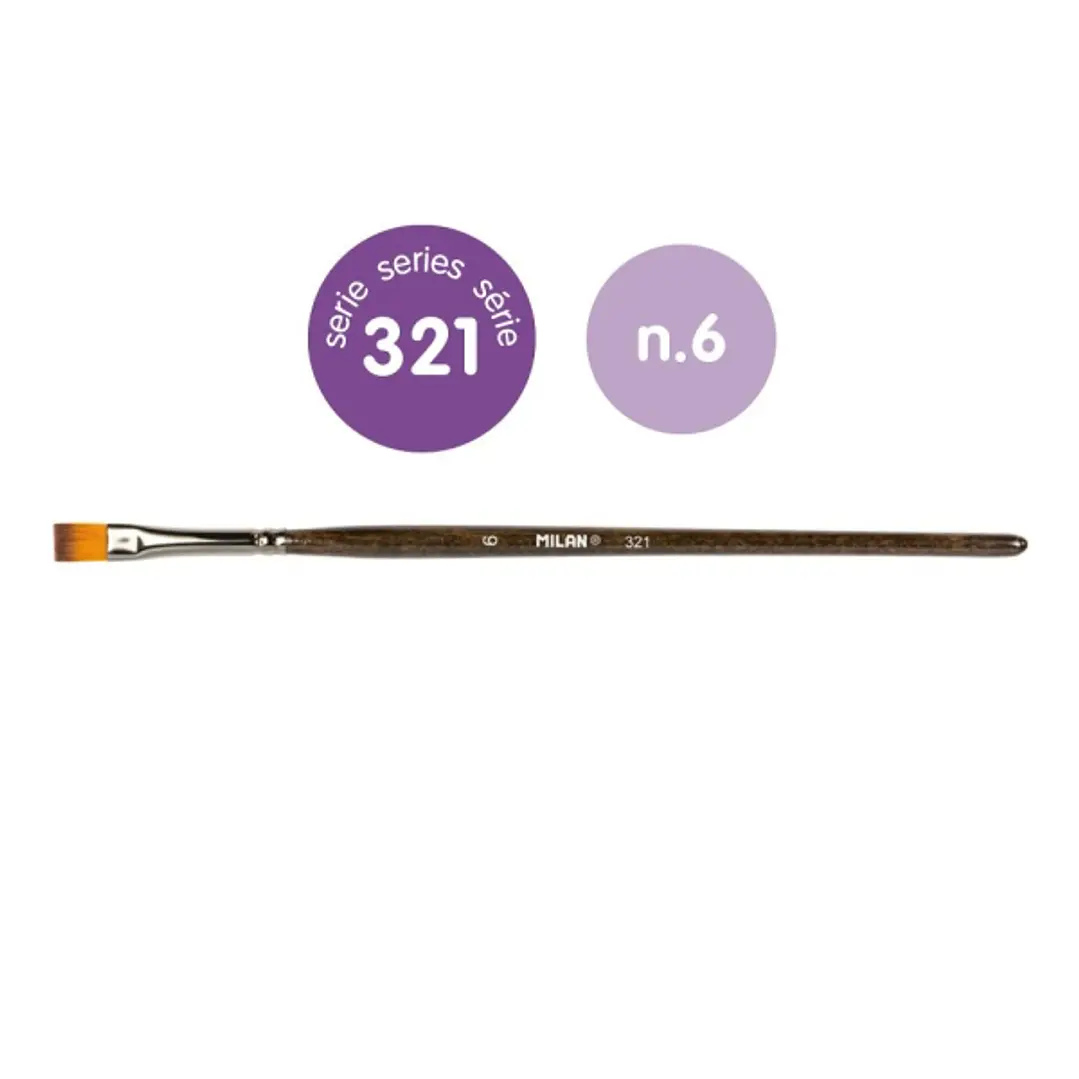 Milan 321 Pack de 12 Pinceles Planos Numero 6 - Bolsa con Colgador - Pelo Sintetico - Color Madera Oscuro 1