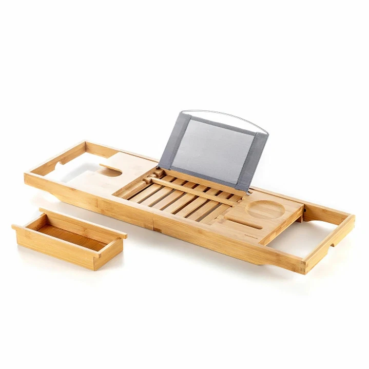 Innovagoods Trayth Bandeja Extensible de Bambu hasta 104cm - Soporta hasta 12kg - Incluye Accesorios - Antideslizante - Atril Plegable - Soporte de Va 1