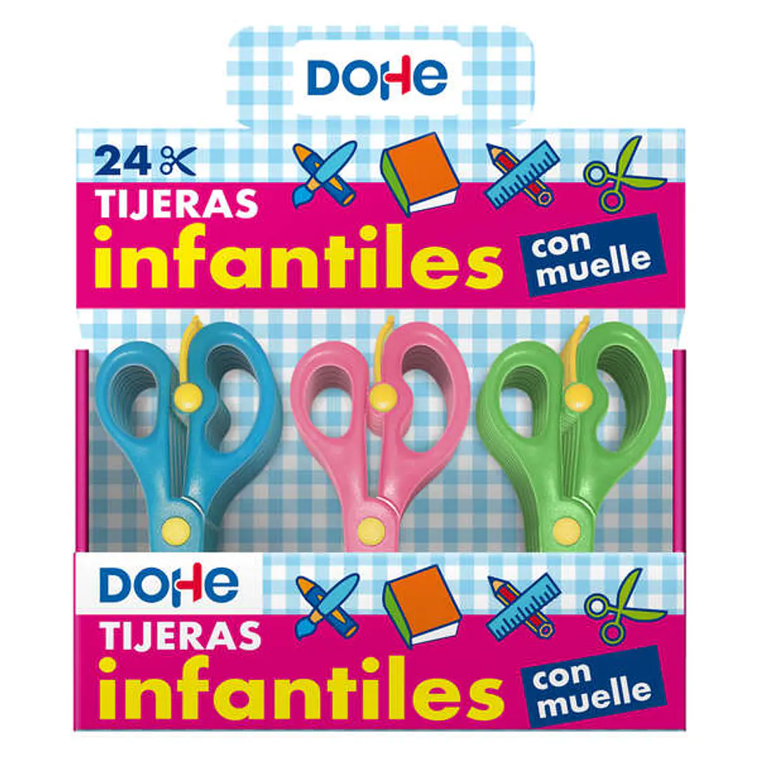 Dohe Expositor de 24 Tijeras Escolares de 136mm - Hojas y Mango Ergonomico de Plastico - Puntas Redondeadas - Muelle para Facilitar el Corte - Colores 1