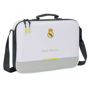 Safta Real Madrid Maletin con Cremallera de 6L - Bandolera Ajustable - Asa de Mano Forrada - Fondo Semirigido Extraible - 38x28x6cm - Color Blanco y N