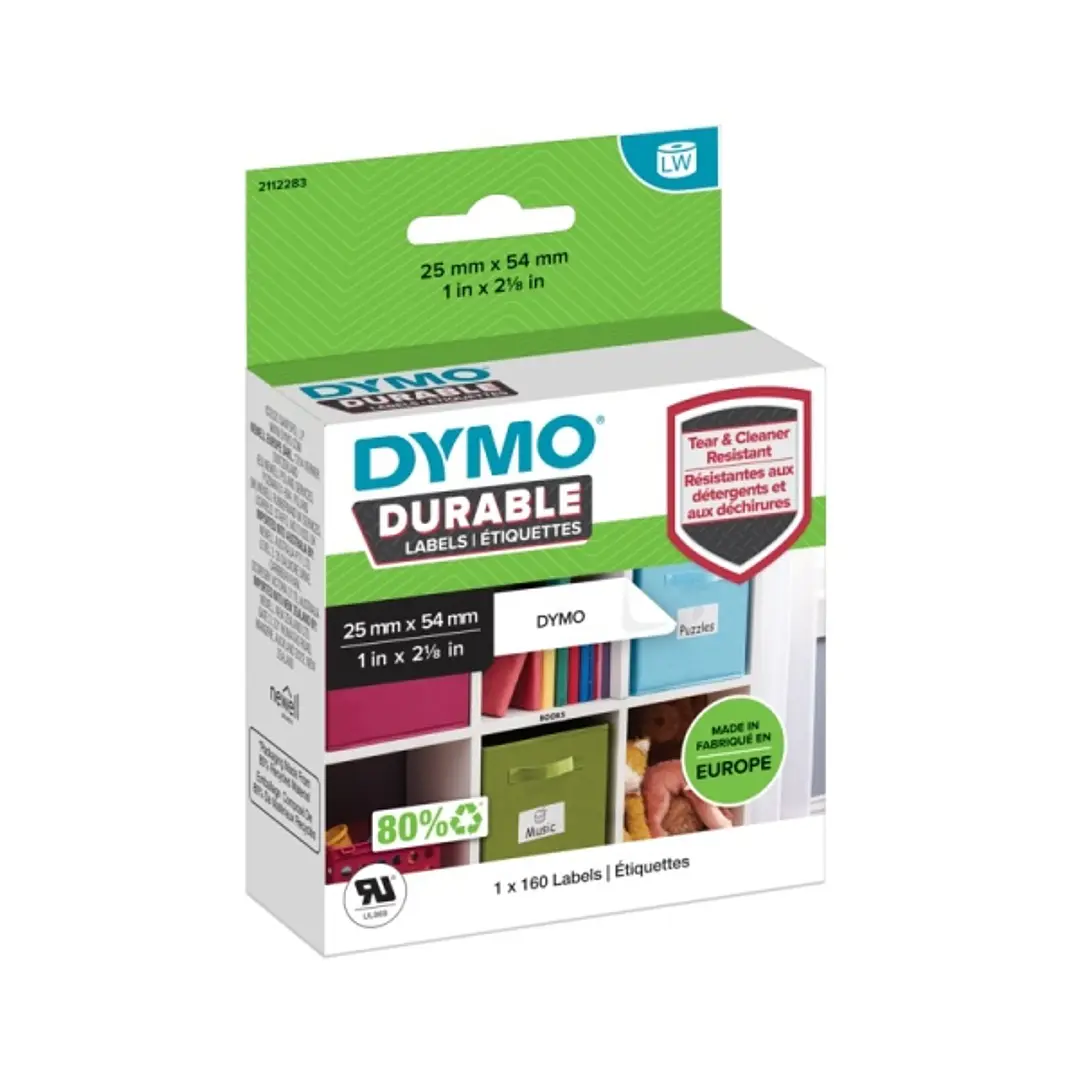 Dymo Durable Pack de 160 Etiquetas Originales para Rotuladora - Texto Negro sobre Fondo Blanco - 25mmx54mm - 2112283 1