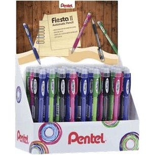 Pentel Fiesta II Expositor de 36 Portaminas HB 0.5mm con Goma - Incluye 2 Recargas - Grip de Goma - Diseño Ergonomico - Colores Surtidos