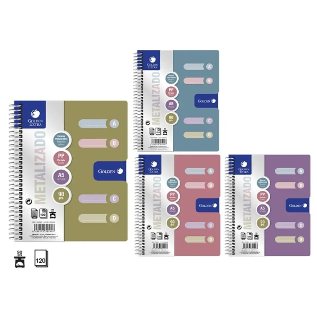 Golden Pack de 6 Cuadernos A5 120 Hojas 90gr Cuadricula 5x5 - Tapa Polipropileno - 4 Separadores - Colores Metalizados Surtidos 1