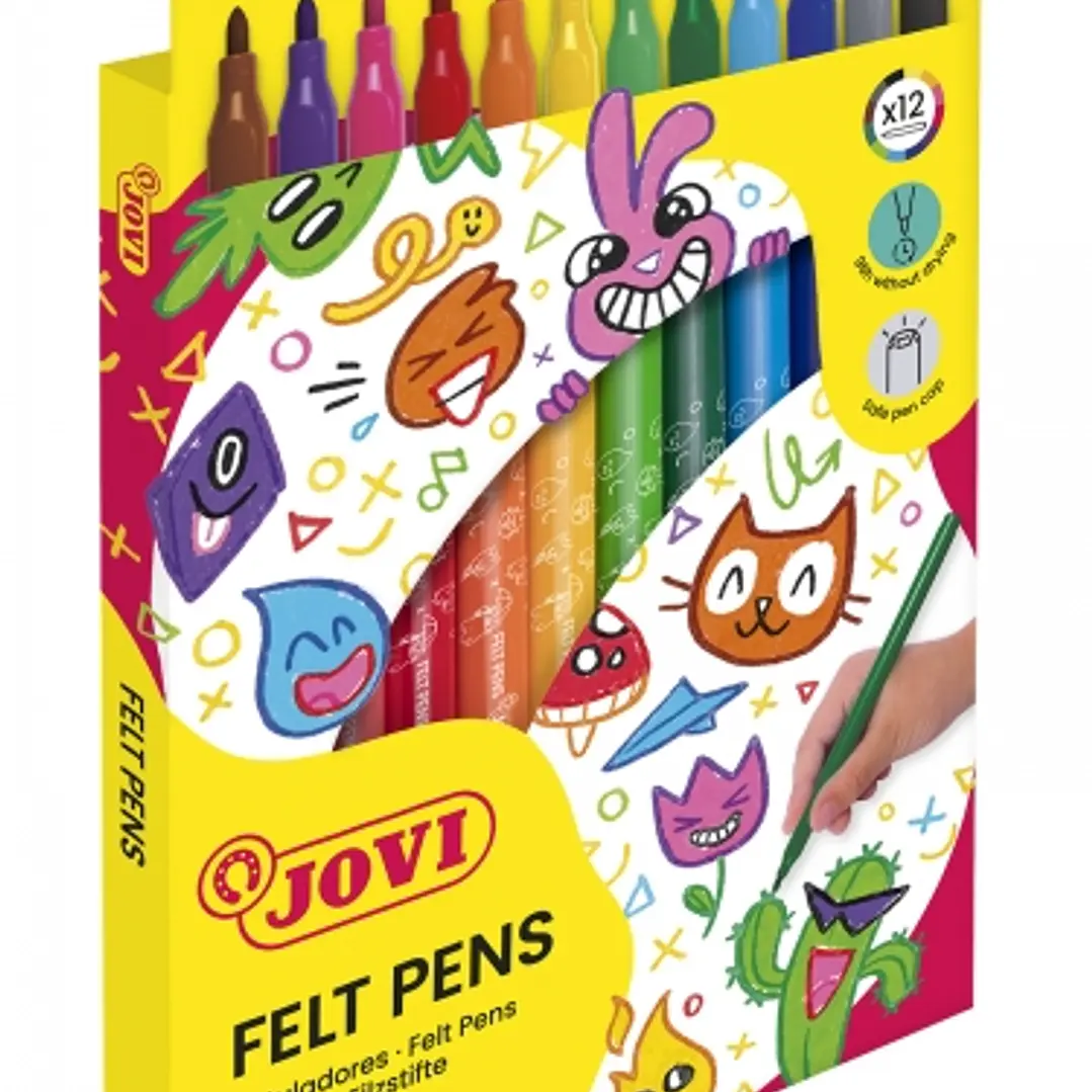 Jovi Felt Pens Pack de 12 Rotuladores - Punta de 3mm - Amplia Variedad de Tonos - Tinta de Gran Fijacion - Capuchon de Ventilado - Grip Triangular Erg 1