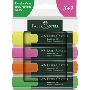 Faber-Castell Textliner 48 Pack de 4 Marcadores Fluorescentes - Punta Biselada - Trazo entre 1.2mm y 5mm - Tinta con Base de Agua - Colores Surtidos