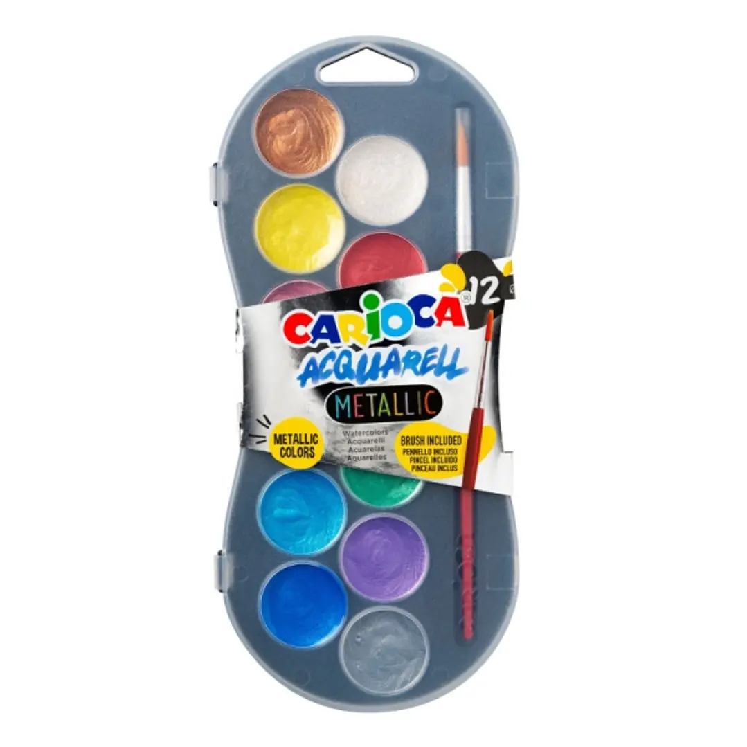 Carioca Acuarell Metallic Pack de 12 Acuarelas en Pastillas de Ø 30mm - Brillantes - Facilmente Mezclables - Colores Metallic Surtidos 1