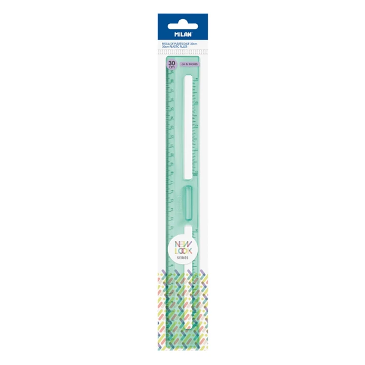 Milan New Look Regla de 30cm - Plastico Rigido - Transparente - Centimetros y Pulgadas - Color Verde 1