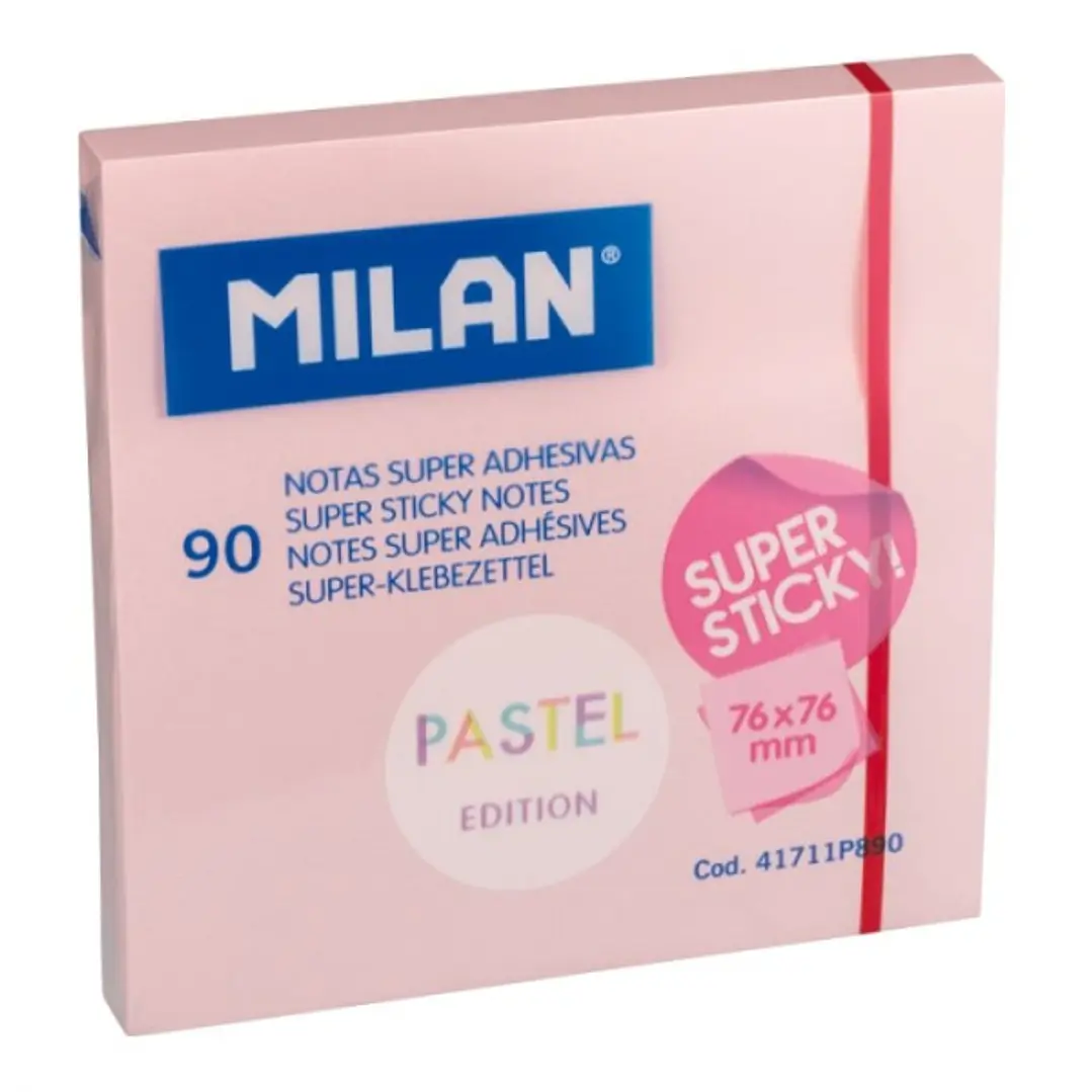 Milan Bloc de 90 Notas Super Adhesivas - Removibles - Mayor Permanencia - 76mm x 76mm - Color Rosa Pastel 1