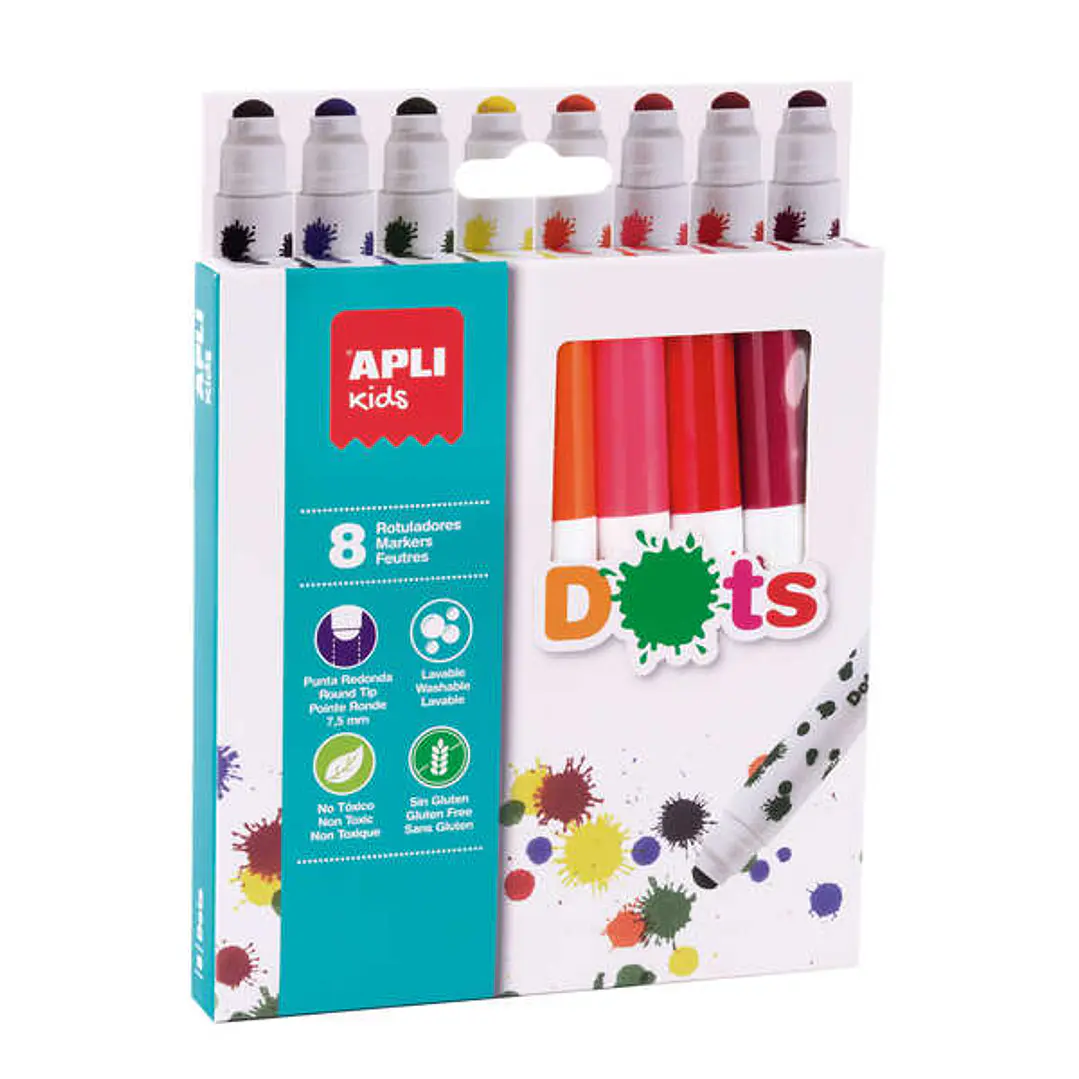 Apli Kids Dots Pack de 8 Rotuladores Punta Redonda Bloqueada de Ø 7.5mm - Facilmente Lavables - Capuchon Anti Asfixia- Colores Surtidos 1