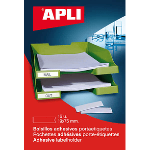 Apli Bolsillos Adhesivos para Etiquetas - Tamaño 19 x 75mm - Cambia la Informacion de la Etiqueta Segun tus Necesidades - 16 Bolsillos por Bolsa