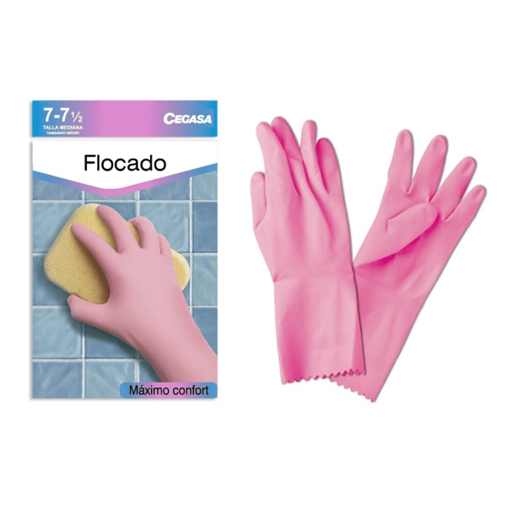 Cegasa Guantes de Latex Talla M 7-7 1/2 - Flocados - Uso General, Domestico, Limpieza - Color Rosa 1