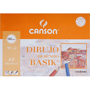 Canson Minipack de 10 Hojas de Dibujo Basik Liso A3 - 29,7x42cm - 130g - Color Blanco