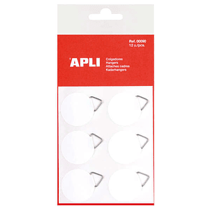 Apli Pack de 12 Colgadores Autoadhesivos Redondos Ø 30mm - Triangulo Metalico de Soporte - Base Adhesiva Blanca - Gran Resistencia - Ideal para Fotos,